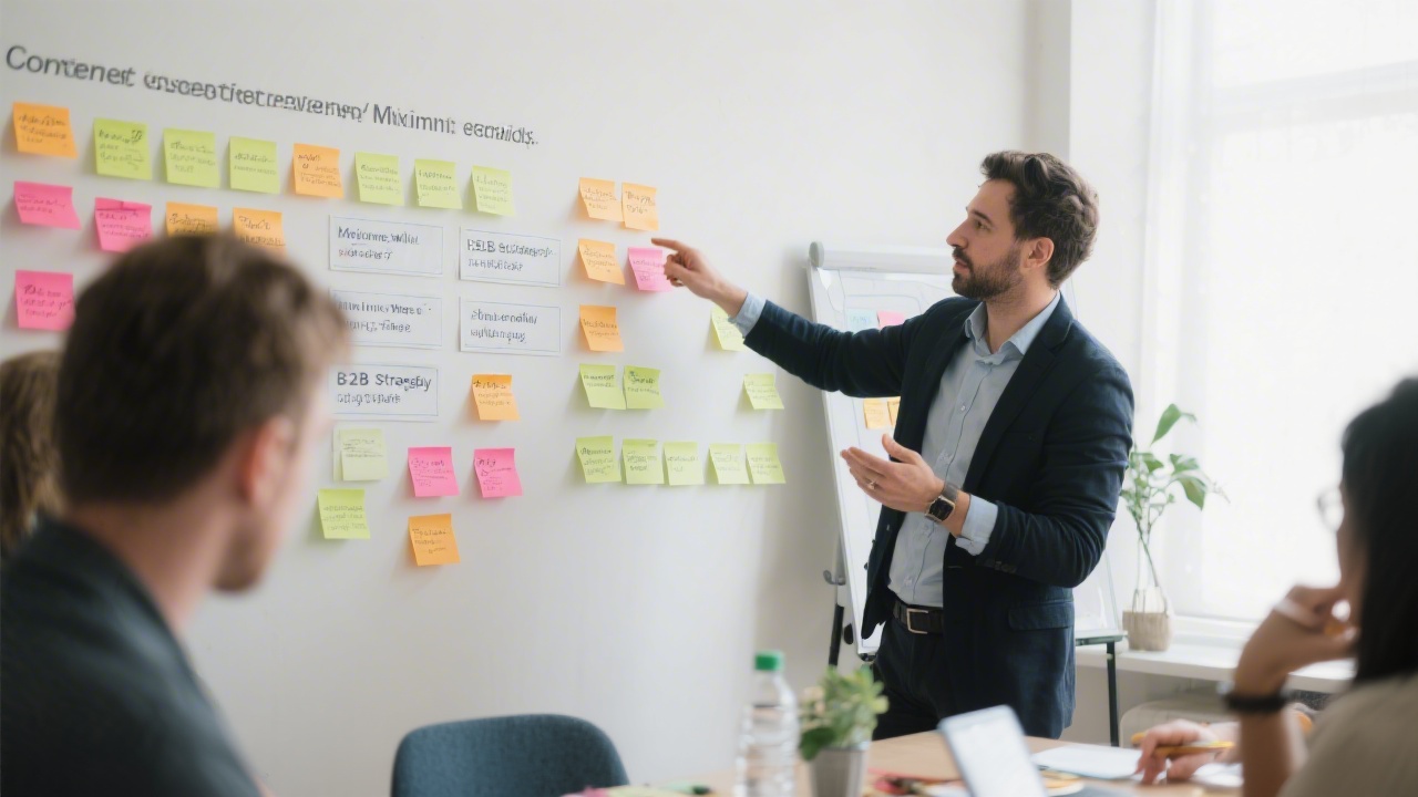 Facilitator guiding a B2B strategy workshop with sticky notes on a wall, demonstrating a practical approach to defining content priorities.