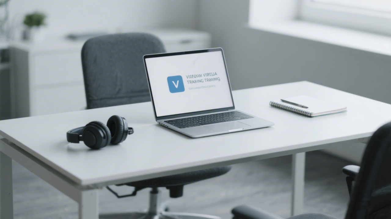 Professional desk with a laptop, notebook, and headset ready for a live virtual training session in a tidy business environment.
