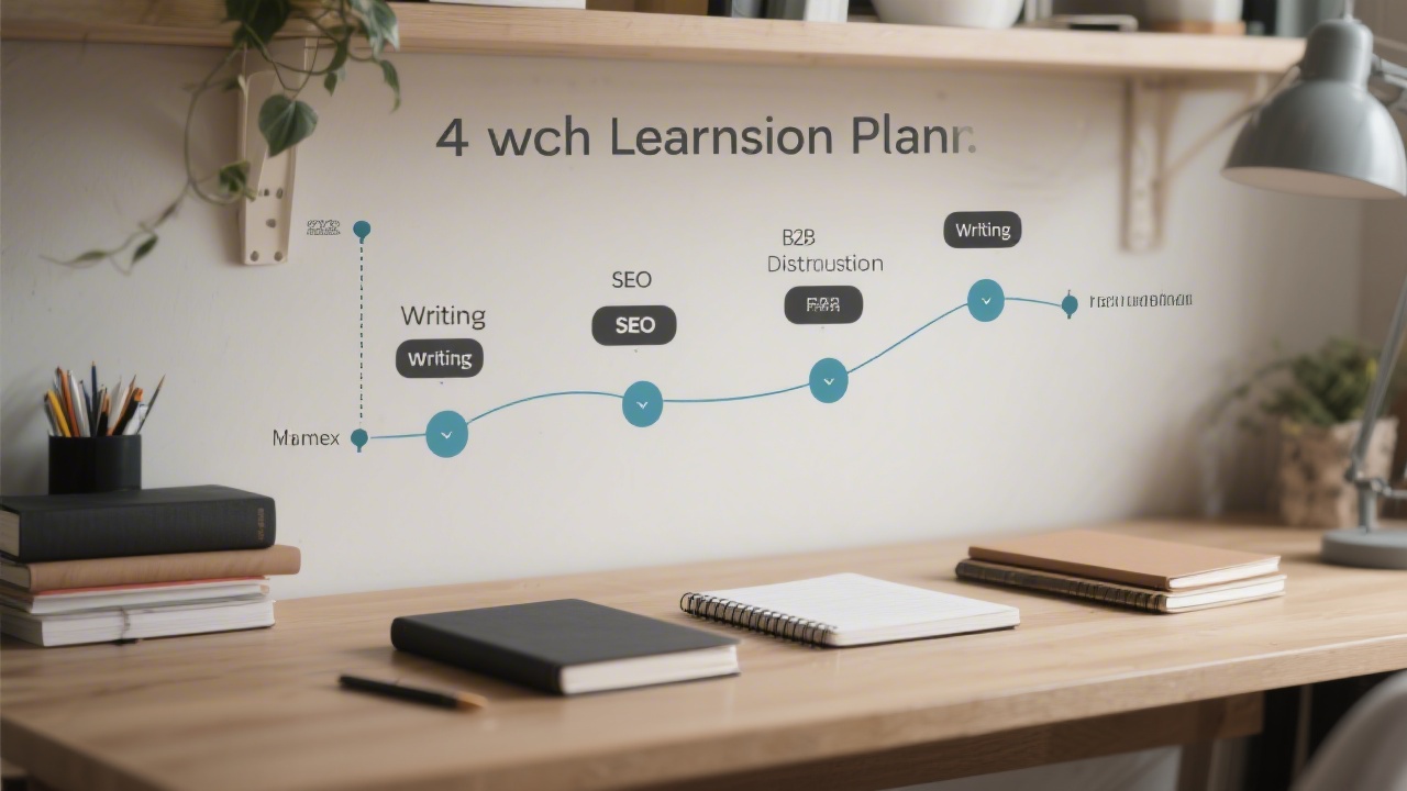 Minimal timeline graphic on a desk with notebooks, showing a four-week learning plan and milestones for writing, SEO, and B2B distribution.