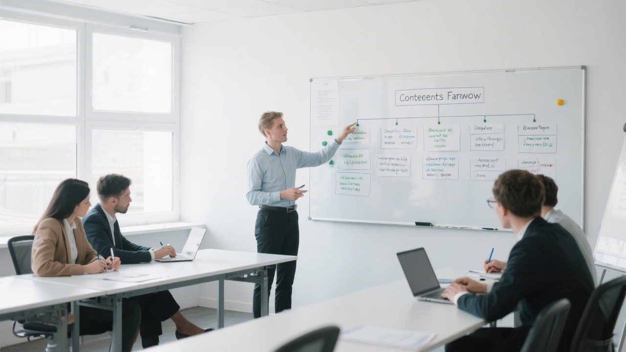 Bright training room with professionals writing on laptops, a facilitator presenting a content framework, and structured notes on a whiteboard for practical learning.