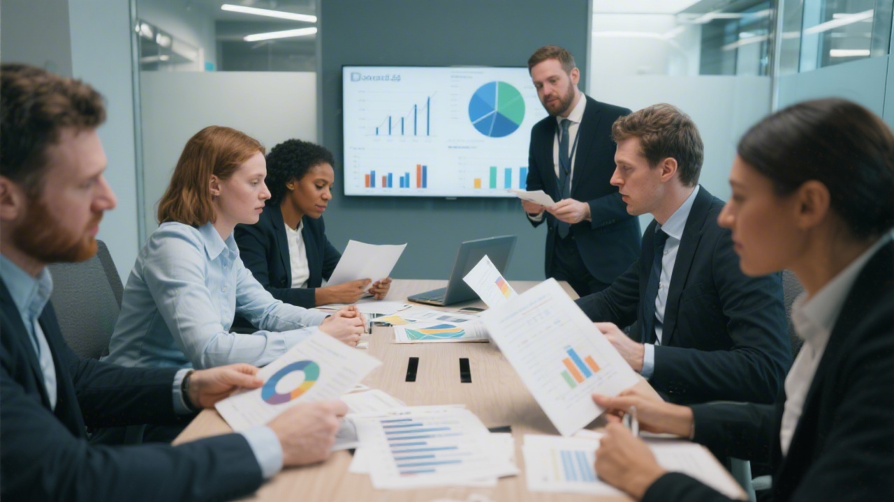 Professional meeting in a modern Irish office with a diverse B2B team reviewing content briefs and market research charts in a collaborative setting.