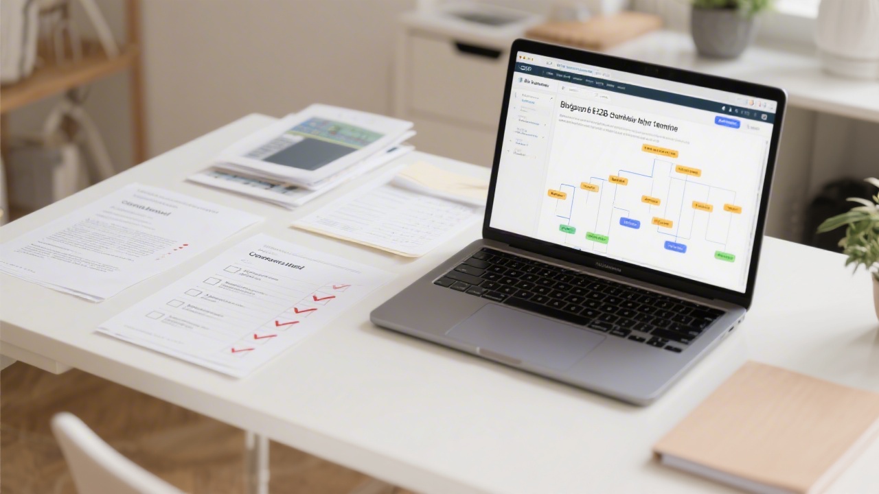 Neat workspace showing printed content briefs, checklists, and a laptop displaying a blog outline template designed for B2B marketing use.