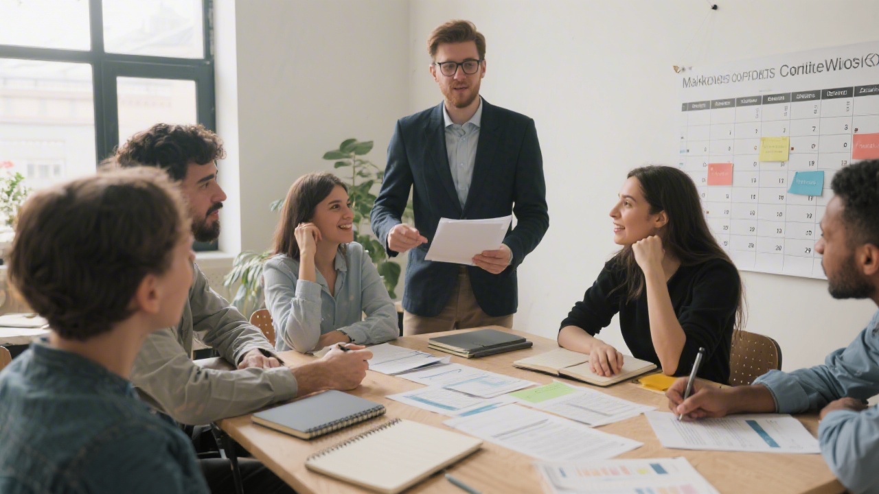 Team planning a content workshop with notebooks, printed briefs, and a calendar layout for organizing practical marketing sessions.