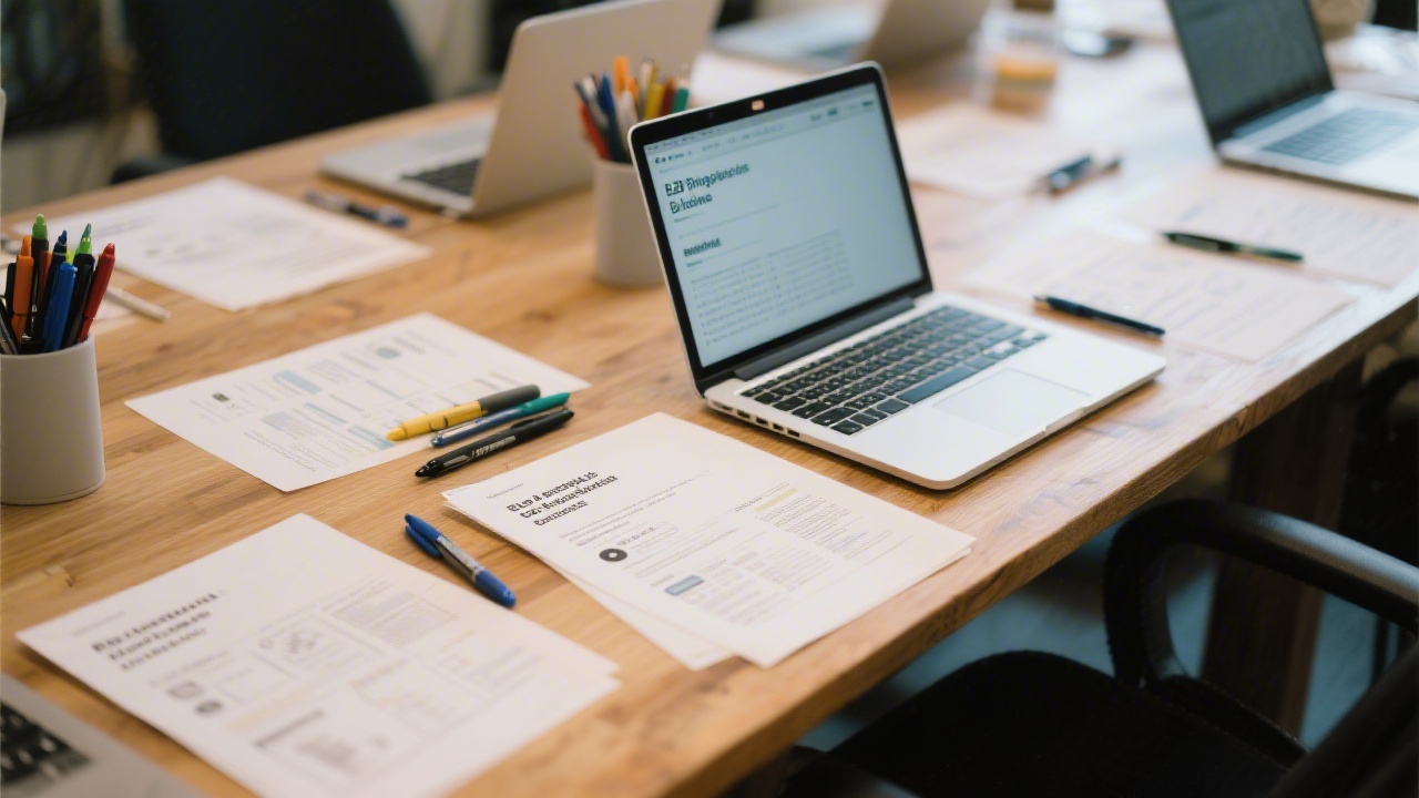 Close view of a workshop table with printed editorial templates, pens, and laptops open to draft blog posts for B2B audiences.